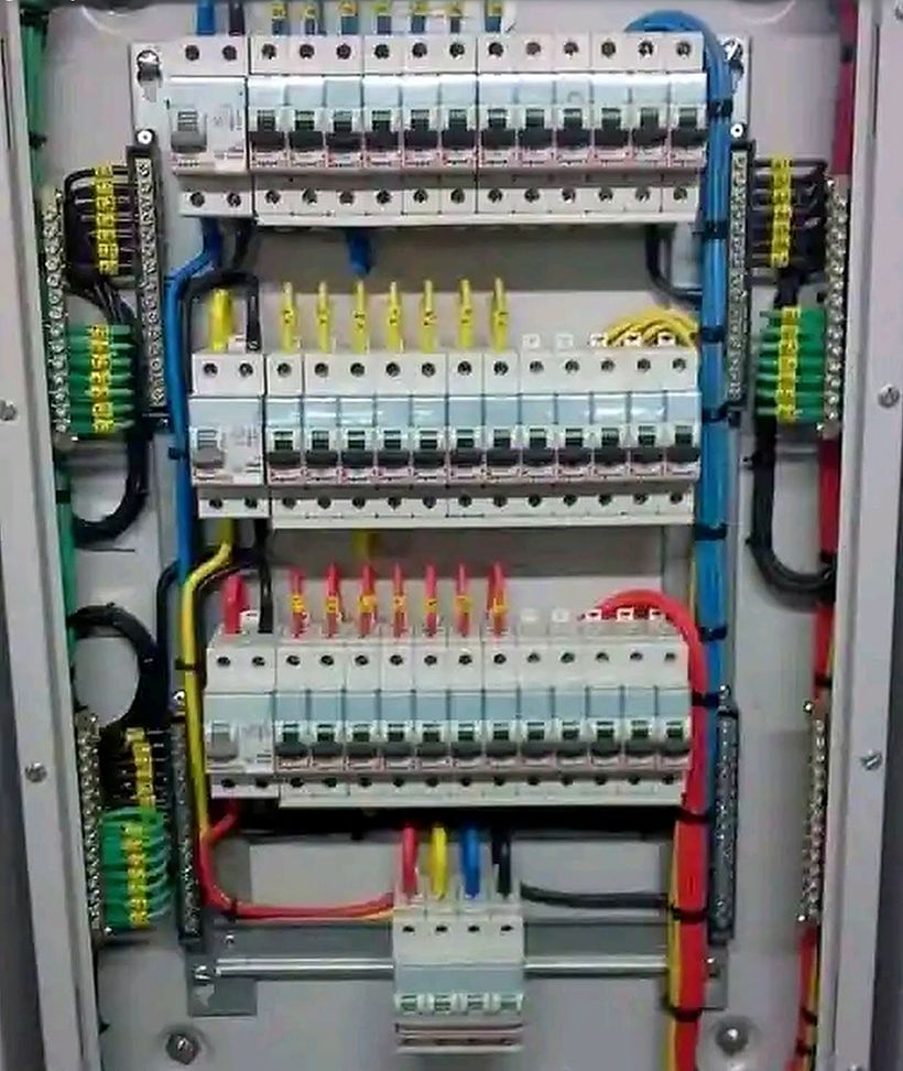 Distribution board with neatly dressed, colour-coded and labelled wiring